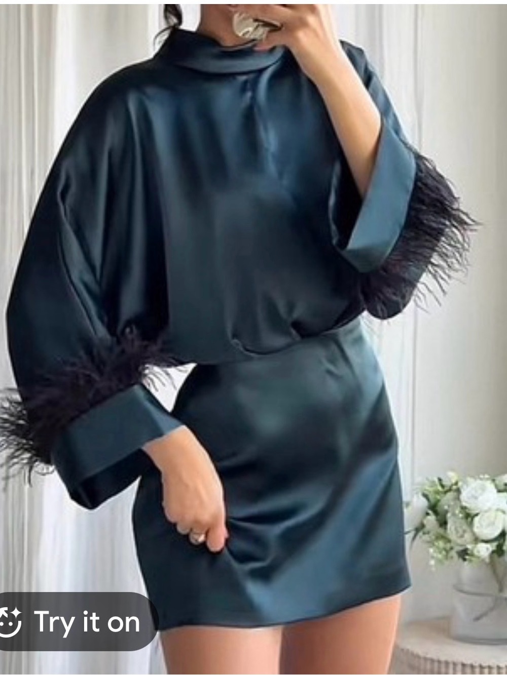 Zara Dark Teal Satin Mini Dress with Feather Trim - Picture 1 of 10